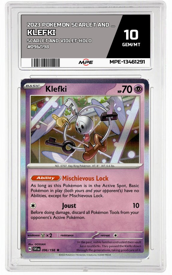 2023 POKEMON SCARLET AND VIOLET SCARLET AND VIOLET-HOLO #096/198 Klefki MPE 10 GEM/MT — graded card auctioned from the MPE vault