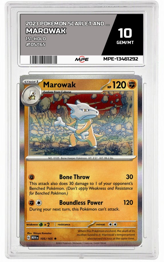 2023 POKEMON SCARLET AND VIOLET 151-HOLO #105/165 Marowak MPE 10 GEM/MT — graded card auctioned from the MPE vault