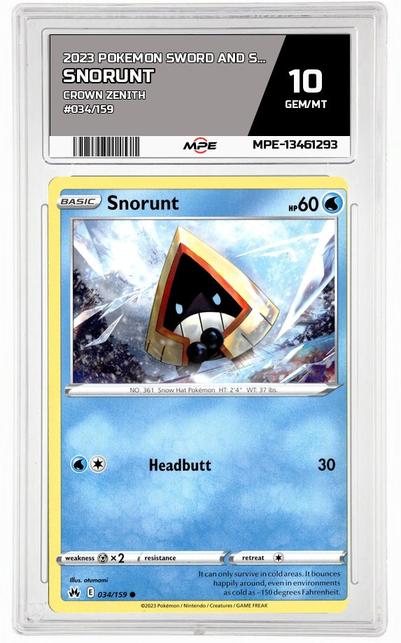2023 POKEMON SWORD AND SHIELD CROWN ZENITH #034/159 Snorunt MPE 10 GEM/MT — graded card auctioned from the MPE vault
