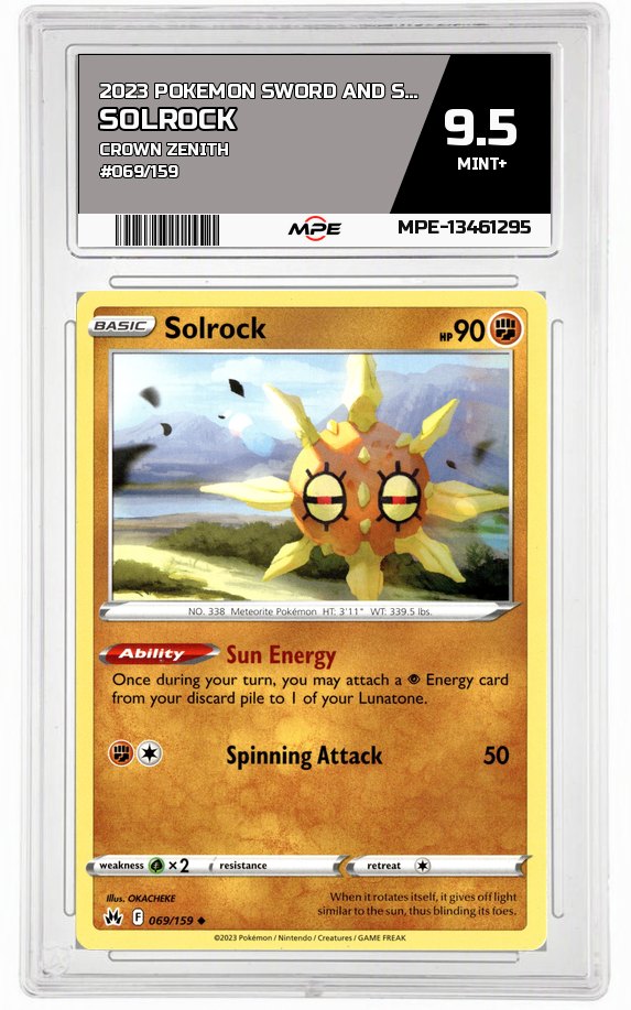 2023 POKEMON SWORD AND SHIELD CROWN ZENITH #069/159 Solrock MPE 9.5 MINT+ — graded card auctioned from the MPE vault