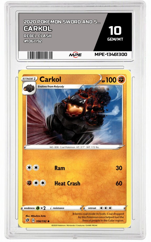2020 POKEMON SWORD AND SHIELD REBEL CLASH #106/192 Carkol MPE 10 GEM/MT — graded card auctioned from the MPE vault