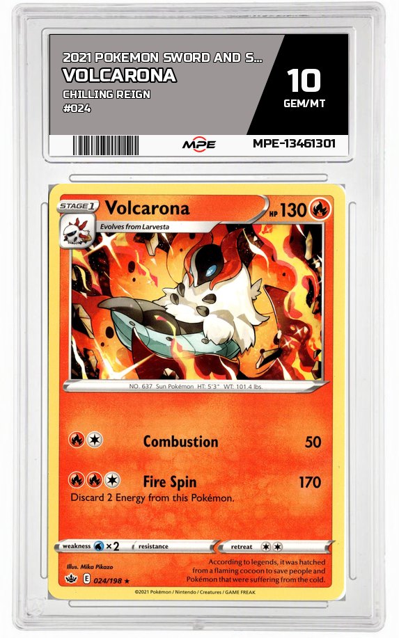 2021 POKEMON SWORD AND SHIELD CHILLING REIGN #024 Volcarona MPE 10 GEM/MT — graded card auctioned from the MPE vault