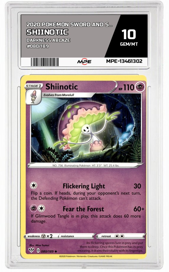 2020 POKEMON SWORD AND SHIELD DARKNESS ABLAZE #080/189 Shiinotic MPE 10 GEM/MT — graded card auctioned from the MPE vault