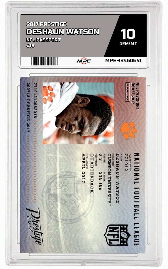 2017 PRESTIGE NFL PASSPORT #16 DESHAUN WATSON MPE 10 GEM/MT — graded card auctioned from the MPE vault