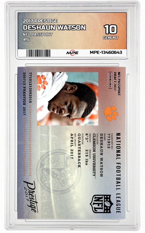 2017 PRESTIGE NFL PASSPORT #16 DESHAUN WATSON MPE 10 GEM/MT — graded card auctioned from the MPE vault