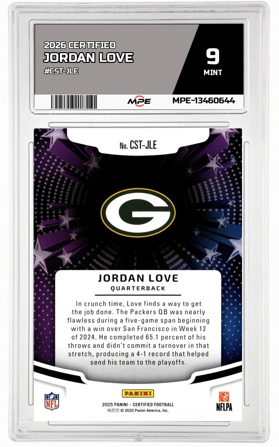 2026 CERTIFIED #CST-JLE JORDAN LOVE MPE 9 MINT — graded card auctioned from the MPE vault