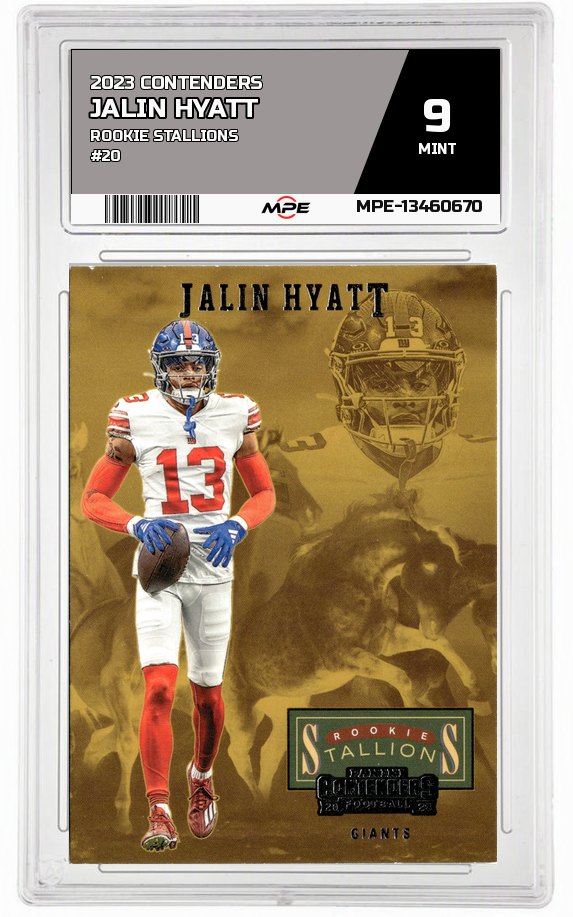 2023 CONTENDERS ROOKIE STALLIONS #20 JALIN HYATT MPE 9 MINT — graded card auctioned from the MPE vault