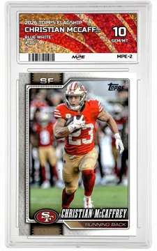 2026 TOPPS FLAGSHIP BLUE WHITE #186 CHRISTIAN MCCAFFREY MPE 10 GEM/MT — graded card up for auction