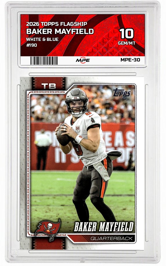 2026 TOPPS FLAGSHIP WHITE & BLUE #190 BAKER MAYFIELD MPE 10 GEM/MT — graded card auctioned from the MPE vault