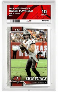 2026 TOPPS FLAGSHIP WHITE & BLUE #190 BAKER MAYFIELD MPE 10 GEM/MT — graded card up for auction