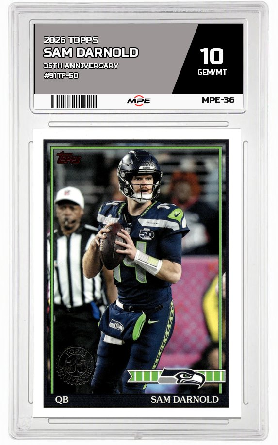 2026 TOPPS FLAGSHIP 35th Anniversary #91TF-50 SAM DARNOLD MPE 10 GEM/MT — graded card auctioned from the MPE vault