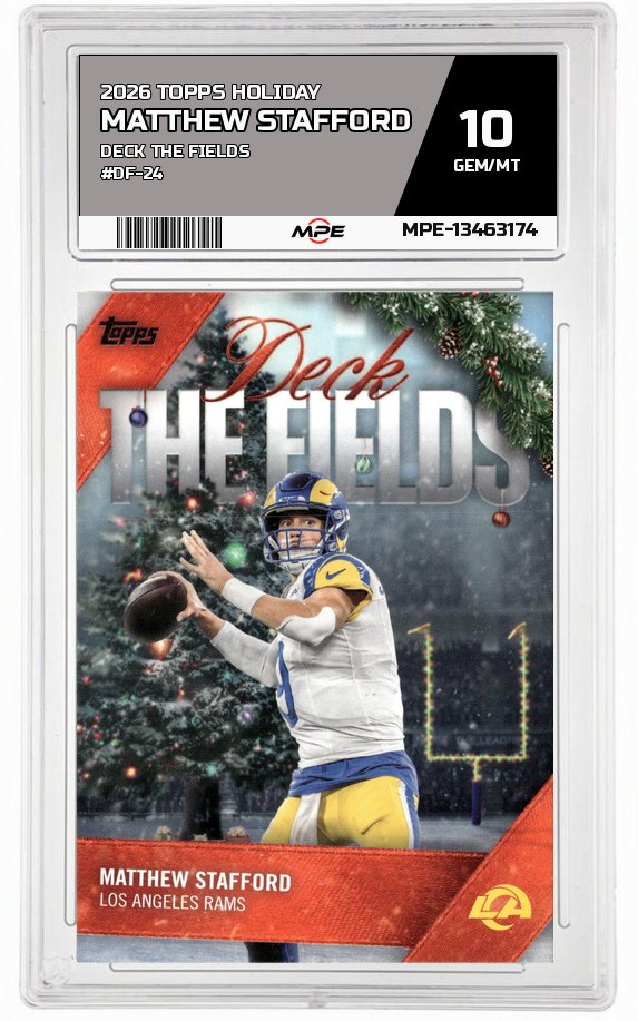 2026 TOPPS HOLIDAY DECK THE FIELDS #DF-24 MATTHEW STAFFORD MPE 10 GEM/MT — graded card auctioned from the MPE vault