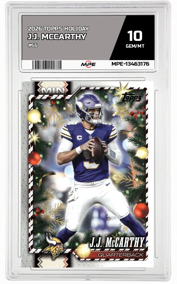 2026 TOPPS HOLIDAY #66 J.J. MCCARTHY MPE 10 GEM/MT — graded card auctioned from the MPE vault