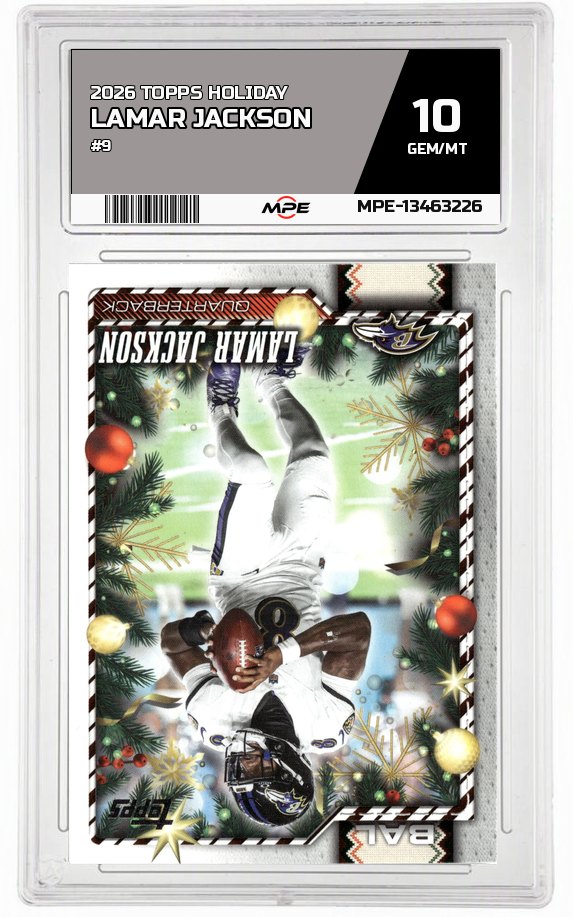 2026 TOPPS HOLIDAY #9 LAMAR JACKSON MPE 10 GEM/MT — graded card auctioned from the MPE vault