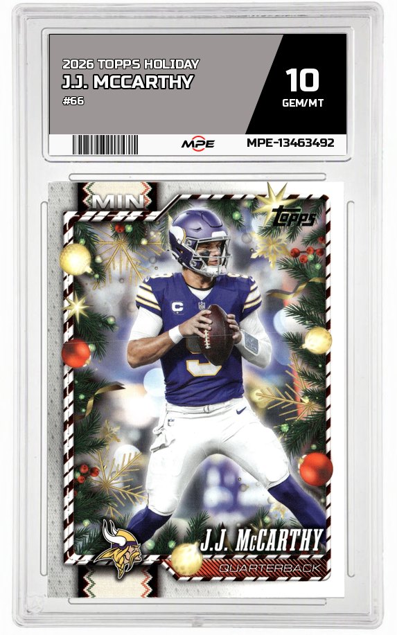 2026 TOPPS HOLIDAY #66 J.J. MCCARTHY MPE 10 GEM/MT — graded card auctioned from the MPE vault