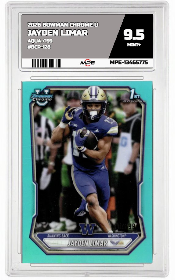 2026 BOWMAN CHROME U Aqua /199 #BCP-128 JAYDEN LIMAR MPE 9.5 MINT+ — graded card auctioned from the MPE vault