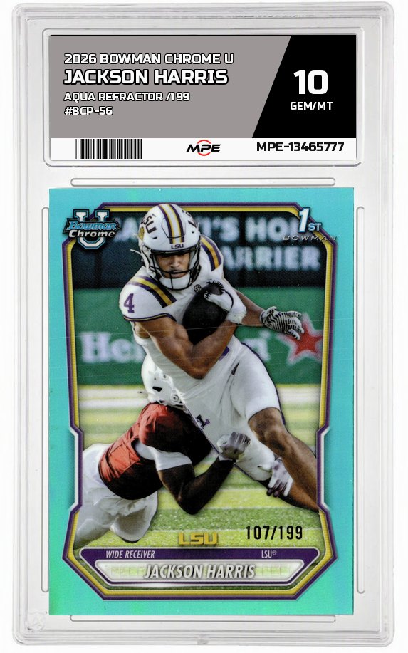 2026 BOWMAN CHROME U Aqua Refractor /199 #BCP-56 JACKSON HARRIS MPE 10 GEM/MT — graded card auctioned from the MPE vault