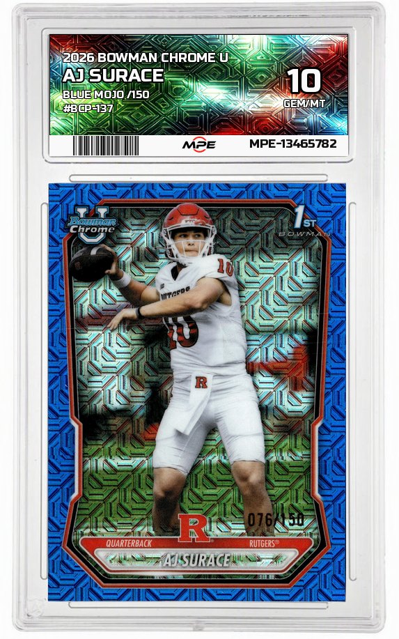 2026 BOWMAN CHROME U BLUE MOJO /150 #BCP-137 AJ SURACE MPE 10 GEM/MT — graded card auctioned from the MPE vault
