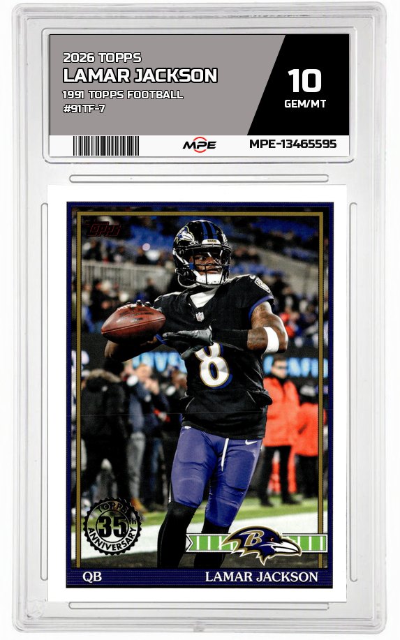 2026 TOPPS 1991 Topps Football #91TF-7 LAMAR JACKSON MPE 10 GEM/MT — graded card auctioned from the MPE vault
