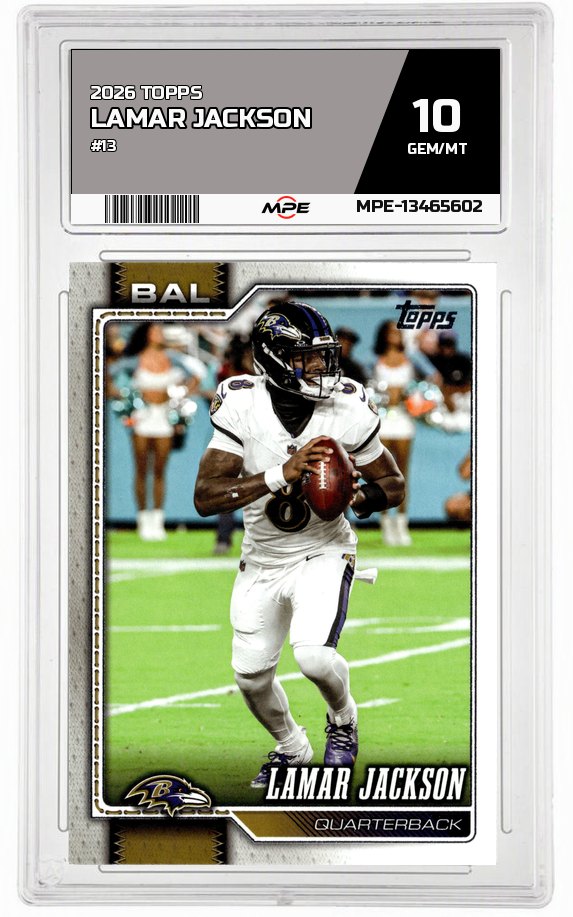 2026 TOPPS #13 LAMAR JACKSON MPE 10 GEM/MT — graded card auctioned from the MPE vault