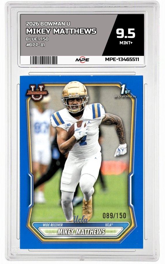 2026 BOWMAN U BLUE /150 #BPP-81 MIKEY MATTHEWS MPE 9.5 MINT+ — graded card auctioned from the MPE vault