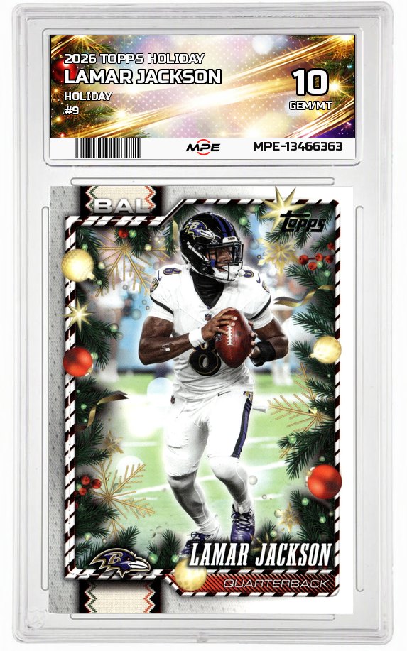 2026 TOPPS HOLIDAY HOLIDAY #9 LAMAR JACKSON MPE 10 GEM/MT — graded card auctioned from the MPE vault