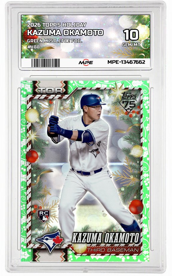 2026 TOPPS HOLIDAY GREEN MISTLETOE FOIL #H88 KAZUMA OKAMOTO MPE 10 GEM/MT — graded card auctioned from the MPE vault