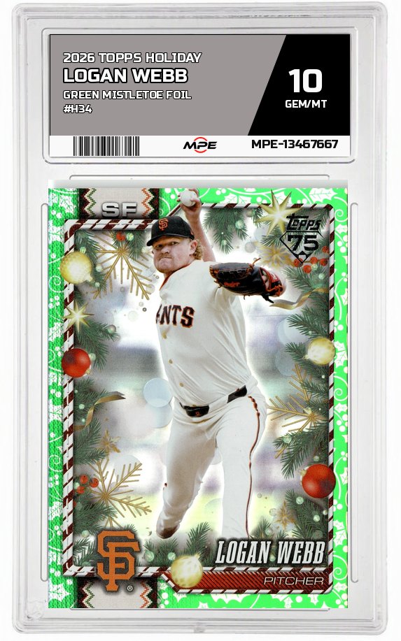 2026 TOPPS HOLIDAY GREEN MISTLETOE FOIL #H34 LOGAN WEBB MPE 10 GEM/MT — graded card auctioned from the MPE vault