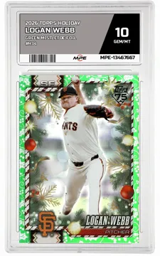 2026 TOPPS HOLIDAY GREEN MISTLETOE FOIL #H34 LOGAN WEBB MPE 10 GEM/MT — graded card up for auction