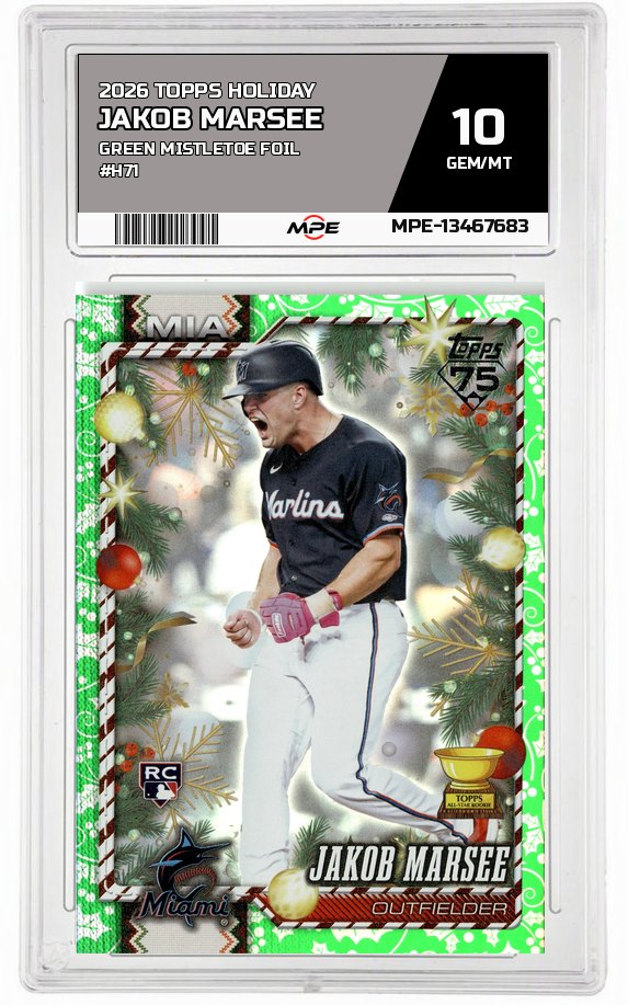2026 TOPPS HOLIDAY GREEN MISTLETOE FOIL #H71 JAKOB MARSEE MPE 10 GEM/MT — graded card auctioned from the MPE vault