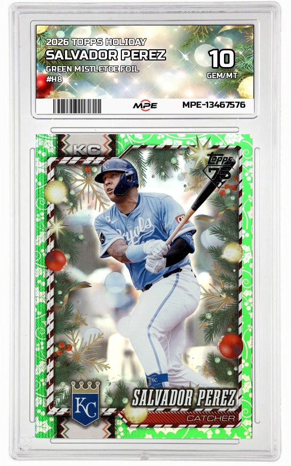 2026 TOPPS HOLIDAY GREEN MISTLETOE FOIL #H8 SALVADOR PEREZ MPE 10 GEM/MT — graded card auctioned from the MPE vault