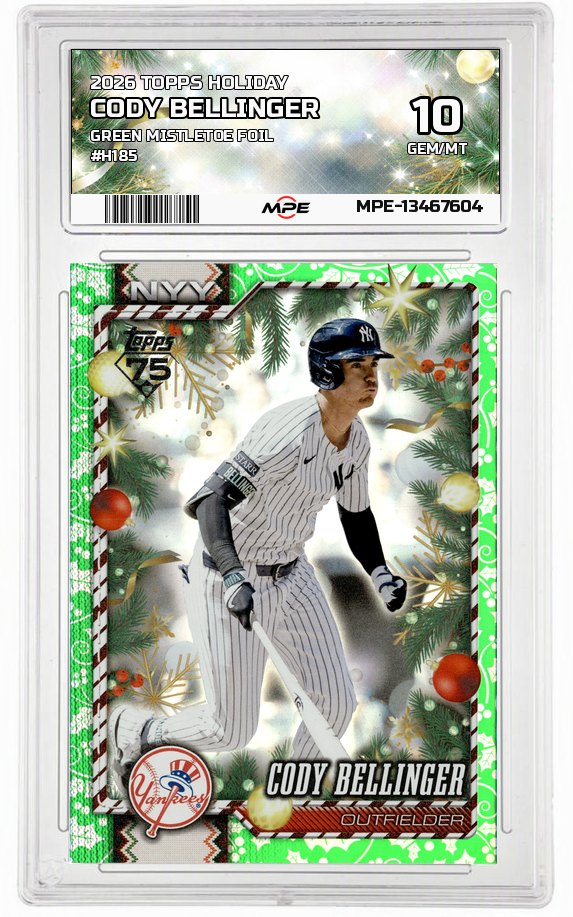 2026 TOPPS HOLIDAY GREEN MISTLETOE FOIL #H185 CODY BELLINGER MPE 10 GEM/MT — graded card auctioned from the MPE vault