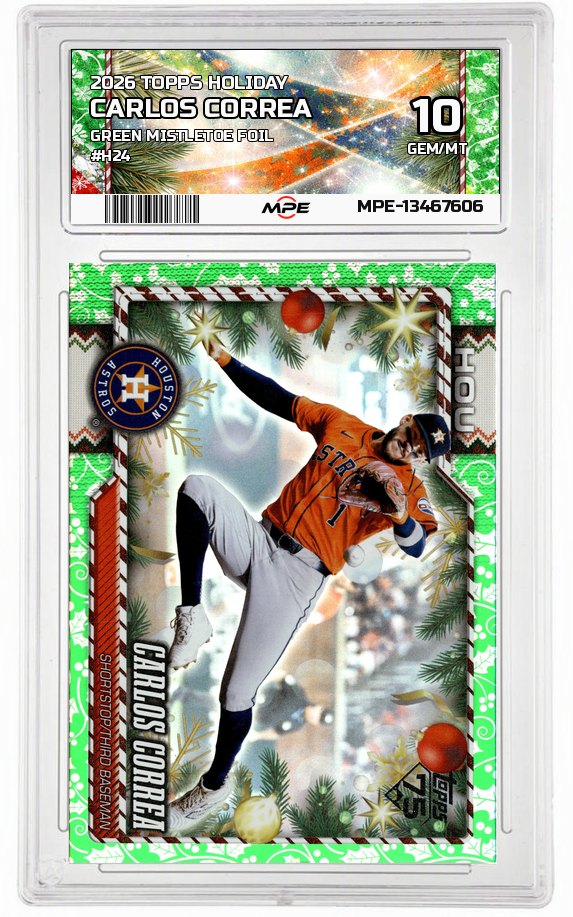 2026 TOPPS HOLIDAY GREEN MISTLETOE FOIL #H24 CARLOS CORREA MPE 10 GEM/MT — graded card auctioned from the MPE vault