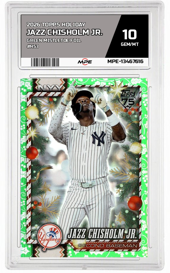 2026 TOPPS HOLIDAY GREEN MISTLETOE FOIL #H53 JAZZ CHISHOLM JR. MPE 10 GEM/MT — graded card auctioned from the MPE vault