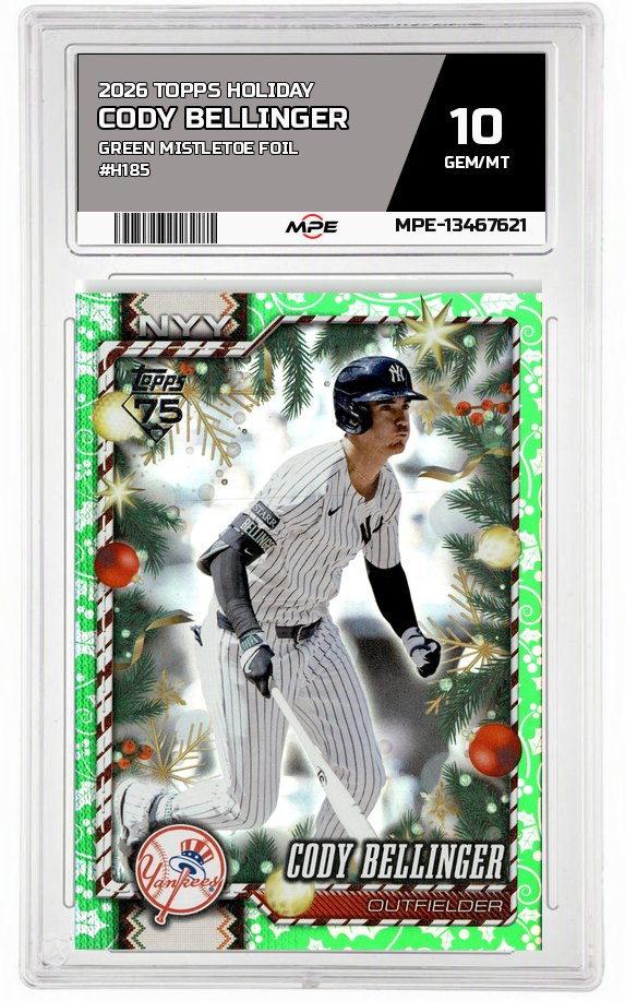 2026 TOPPS HOLIDAY GREEN MISTLETOE FOIL #H185 CODY BELLINGER MPE 10 GEM/MT — graded card auctioned from the MPE vault
