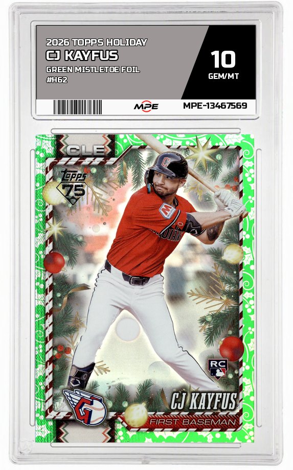 2026 TOPPS HOLIDAY GREEN MISTLETOE FOIL #H62 CJ KAYFUS MPE 10 GEM/MT — graded card auctioned from the MPE vault
