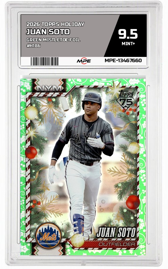 2026 TOPPS HOLIDAY GREEN MISTLETOE FOIL #H186 JUAN SOTO MPE 9.5 MINT+ — graded card auctioned from the MPE vault