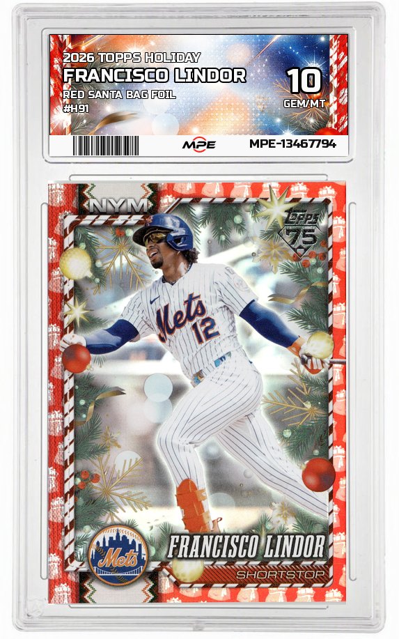 2026 TOPPS HOLIDAY RED SANTA BAG FOIL #H91 FRANCISCO LINDOR MPE 10 GEM/MT — graded card auctioned from the MPE vault