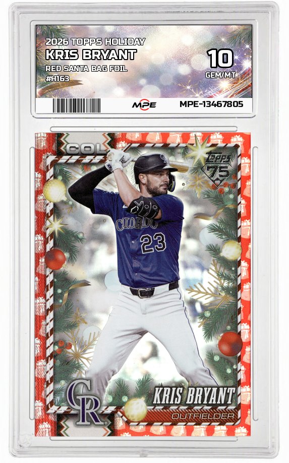 2026 TOPPS HOLIDAY RED SANTA BAG FOIL #H163 KRIS BRYANT MPE 10 GEM/MT — graded card auctioned from the MPE vault