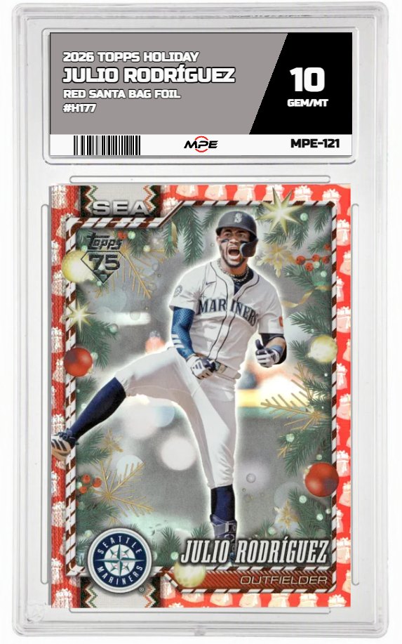 2026 TOPPS HOLIDAY RED SANTA BAG FOIL #H177 JULIO RODRÍGUEZ MPE 10 GEM/MT — graded card auctioned from the MPE vault