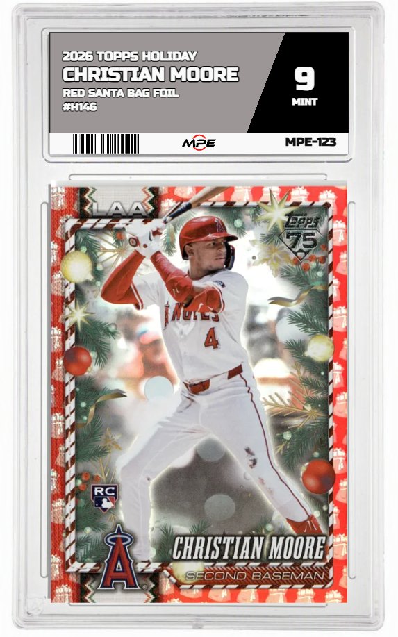 2026 TOPPS HOLIDAY RED SANTA BAG FOIL #H146 CHRISTIAN MOORE MPE 9 MINT — graded card auctioned from the MPE vault