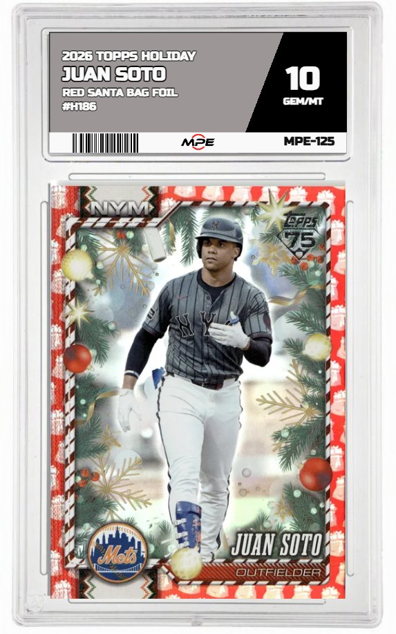 2026 TOPPS HOLIDAY RED SANTA BAG FOIL #H186 JUAN SOTO MPE 10 GEM/MT — graded card auctioned from the MPE vault