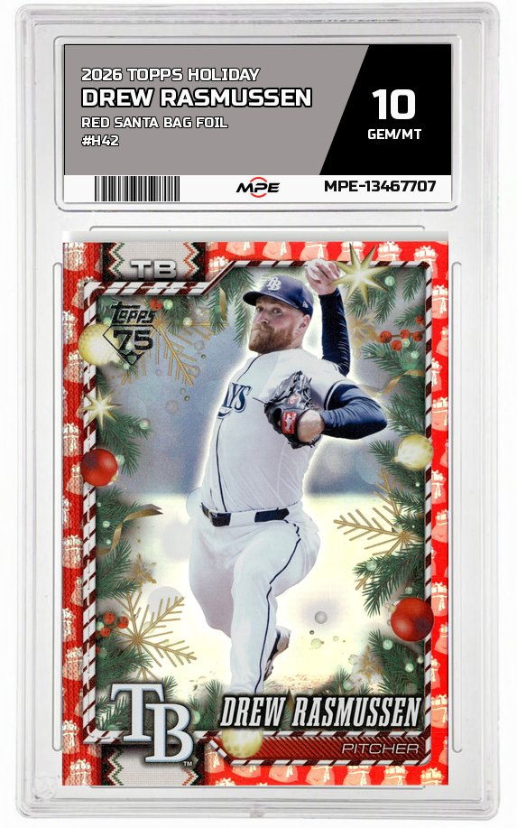 2026 TOPPS HOLIDAY RED SANTA BAG FOIL #H42 DREW RASMUSSEN MPE 10 GEM/MT — graded card auctioned from the MPE vault