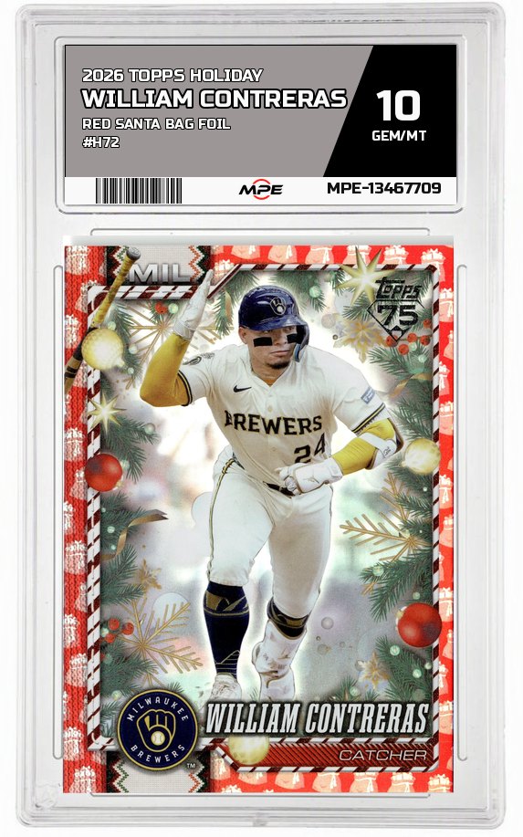 2026 TOPPS HOLIDAY RED SANTA BAG FOIL #H72 WILLIAM CONTRERAS MPE 10 GEM/MT — graded card auctioned from the MPE vault