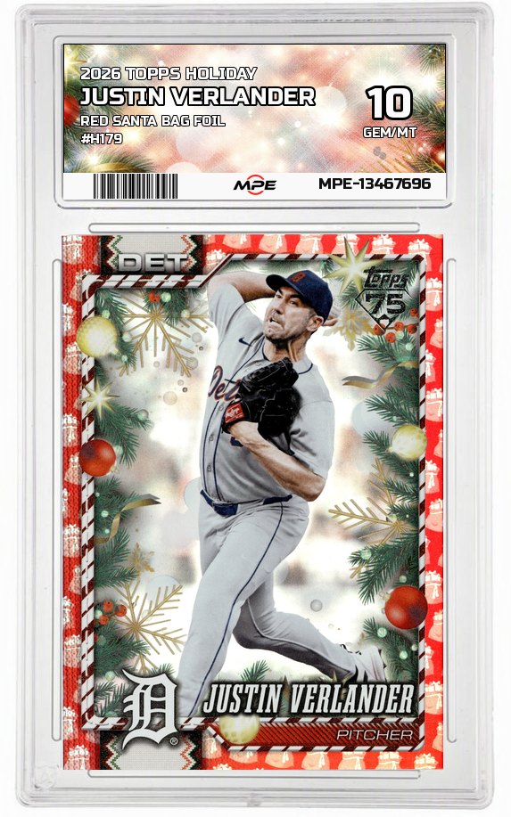 2026 TOPPS HOLIDAY RED SANTA BAG FOIL #H179 JUSTIN VERLANDER MPE 10 GEM/MT — graded card auctioned from the MPE vault