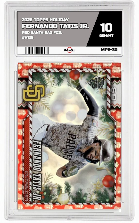 2026 TOPPS HOLIDAY RED SANTA BAG FOIL #H129 FERNANDO TATIS JR. MPE 10 GEM/MT — graded card auctioned from the MPE vault