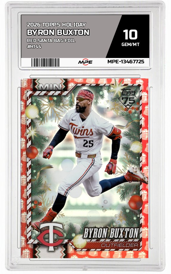 2026 TOPPS HOLIDAY RED SANTA BAG FOIL #H144 BYRON BUXTON MPE 10 GEM/MT — graded card auctioned from the MPE vault