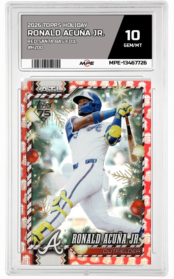 2026 TOPPS HOLIDAY RED SANTA BAG FOIL #H200 RONALD ACUÑA JR. MPE 10 GEM/MT — graded card auctioned from the MPE vault