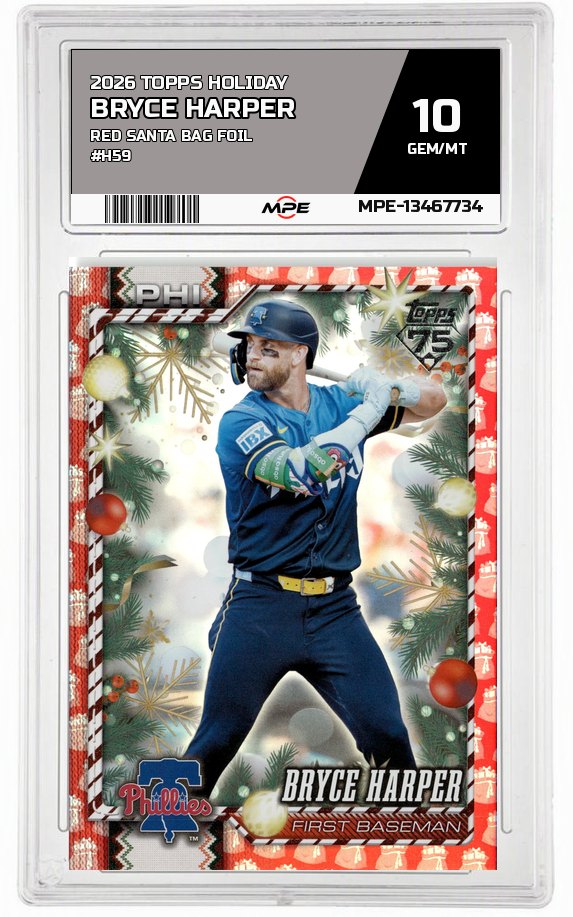 2026 TOPPS HOLIDAY RED SANTA BAG FOIL #H59 BRYCE HARPER MPE 10 GEM/MT — graded card auctioned from the MPE vault