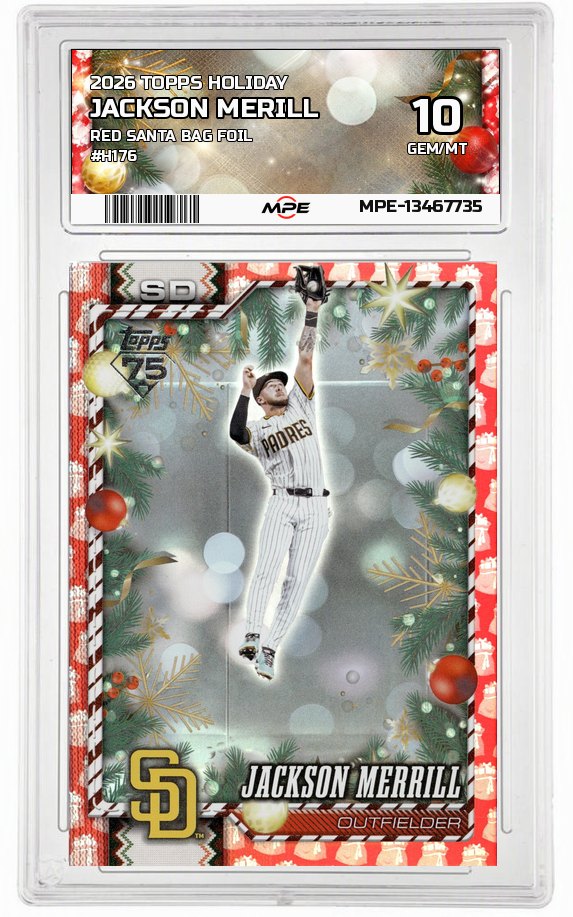 2026 TOPPS HOLIDAY RED SANTA BAG FOIL #H176 JACKSON MERILL MPE 10 GEM/MT — graded card auctioned from the MPE vault